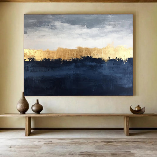 “Gold Horizon Over Blue - Gray Landscape” - Gold, Blue, Gray, Horizon Line Painting On Canvas HB0817