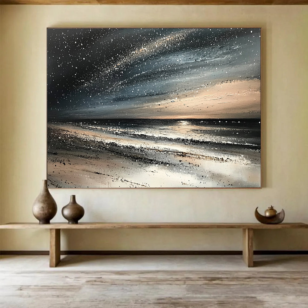 “Starry Night Beach” - Blacks, Whites, Grays, Beiges, Beach Under a Starry Sky - Impasto Oil Painting HB1741