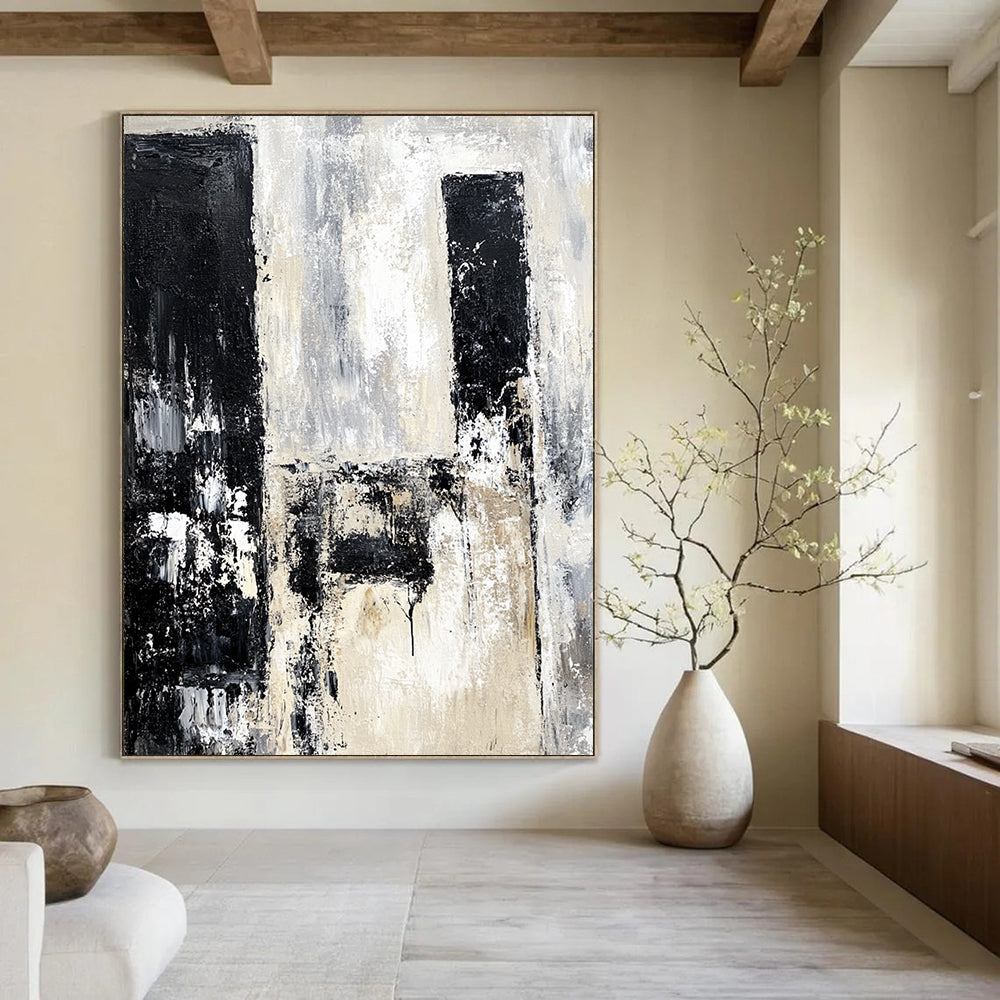 Contemporary hand-painted abstract artwork depicting urban ruins in black and white with neutral tones using vintage oil paint. DLZ0665