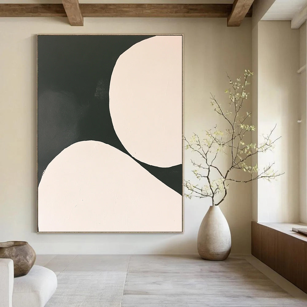 Contemporary abstract painting featuring white circles on a black background in a minimalist style inspired by Tarsila do Amaral. DLZ1753