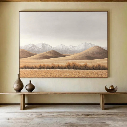 “Minimalist Mountain Landscape” - Brown, White, Gray, Simplified Nature Scene - Oil Painting HB1652