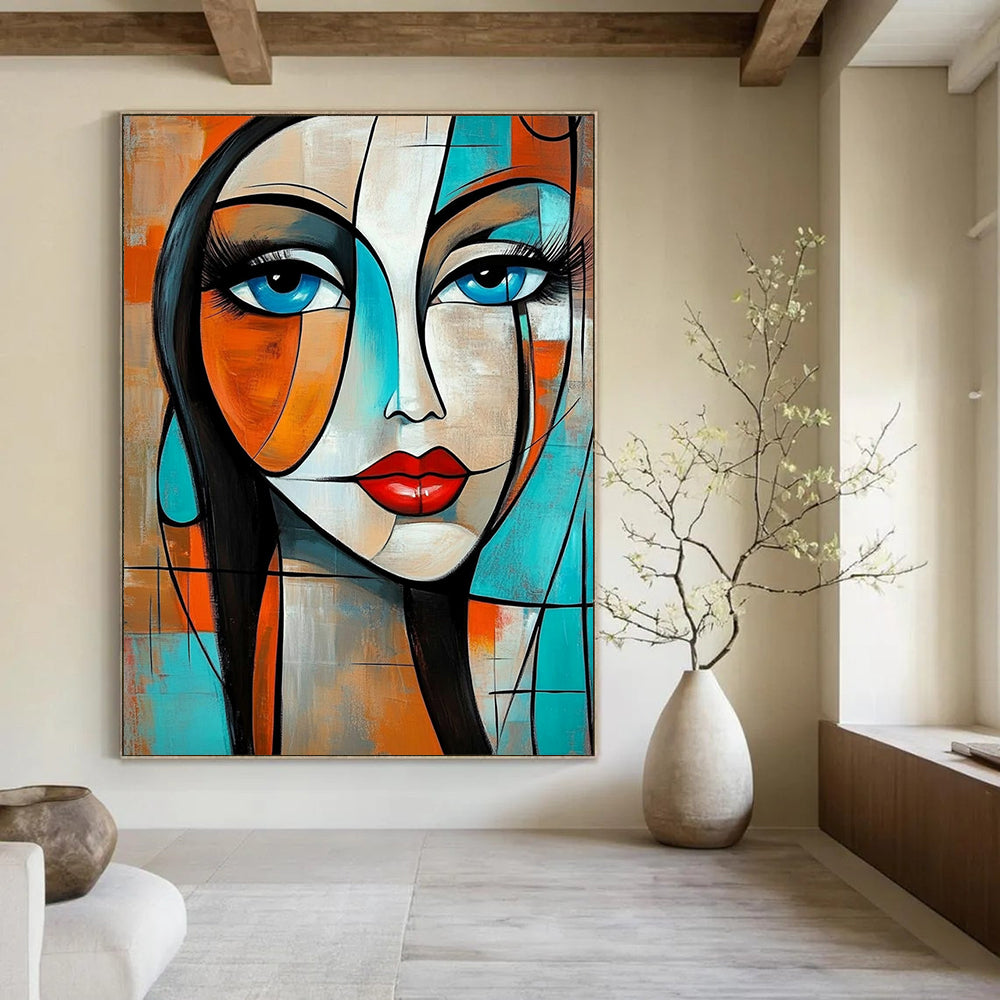 Contemporary abstract painting featuring a woman with geometric shapes and flowing hair in vibrant orange and turquoise tones. DLZ0785