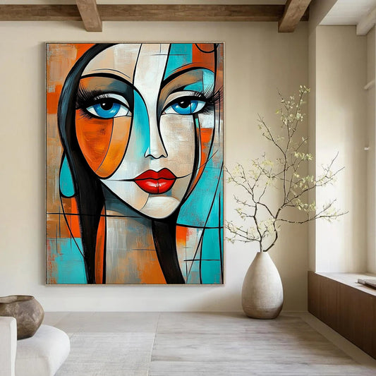Contemporary abstract painting featuring a woman with geometric shapes and flowing hair in vibrant orange and turquoise tones. DLZ0785