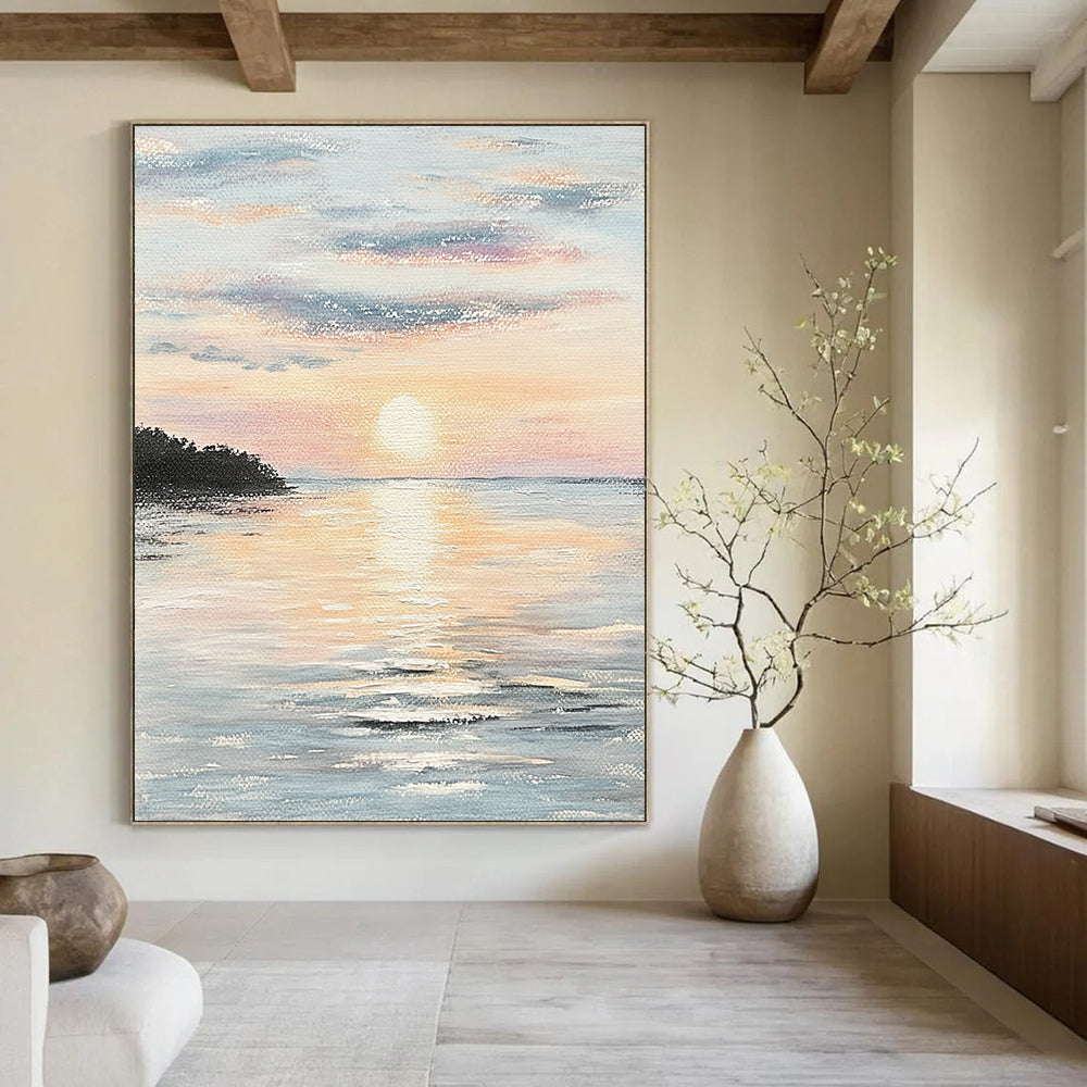 Contemporary hand-painted abstract artwork capturing serene coastal sunset hues reflecting on calm waters, evoking tranquility and peace. DLZ1458