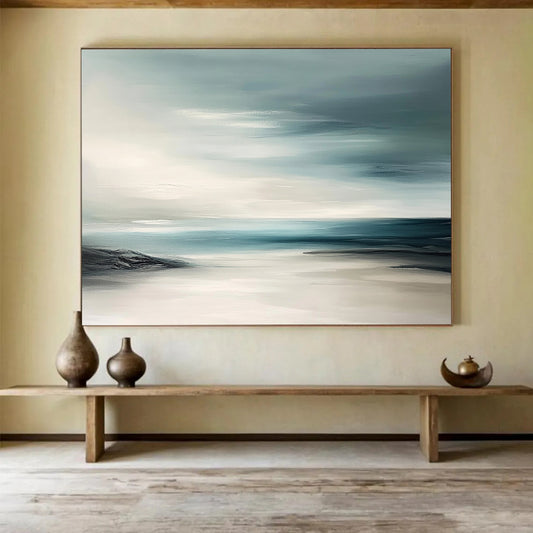 “Abstract Coastal Horizons” - Teal, White, Abstract Coastal Painting On Canvas HB0701