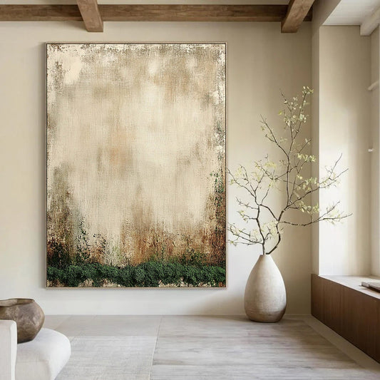 Contemporary hand-painted abstract artwork featuring aged beige canvas, mossy texture, distressed edges, and soothing neutral tones. DLZ1136