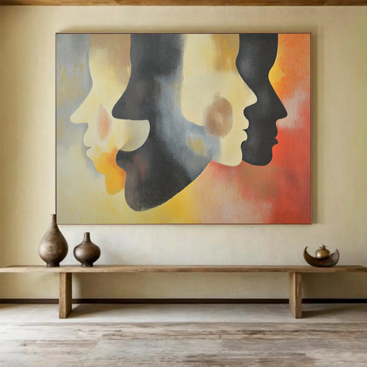 “Colorful Layered Faces” - Gray, Yellow, Red, Abstract Profiles - Surrealist Acrylic Painting HB1490