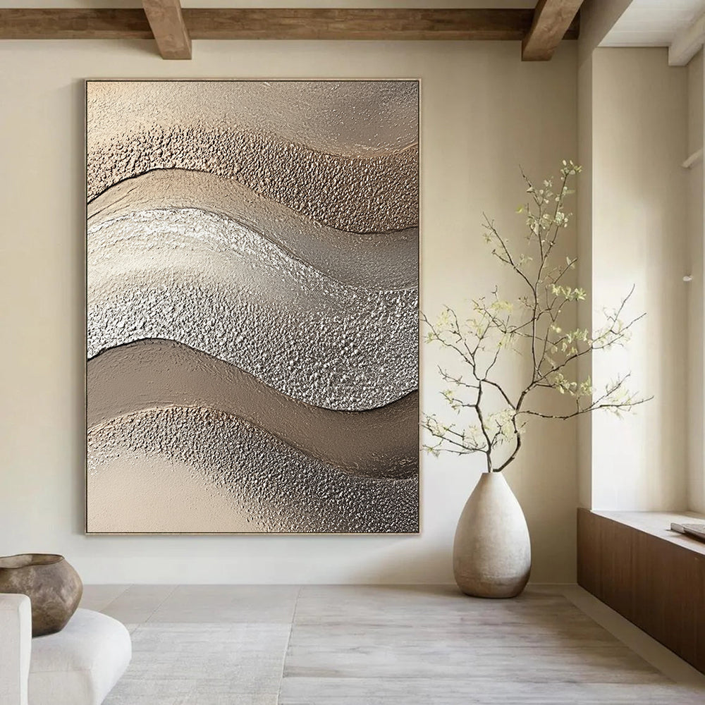 Contemporary abstract artwork showcasing textured sandstone in wave-like patterns with beige and silver tones, enhancing visual depth and captivating beach aesthetics. DLZ1205