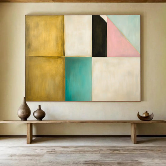 “Color - Blocked Harmony” - Gold, Teal, Pink, Geometric Blocks - Minimalist Acrylic Painting HB1528
