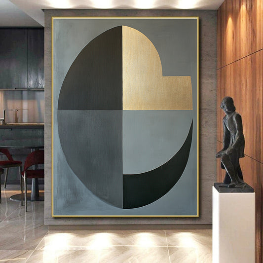 Gray, Green, Brown, Gold and White Geometric Abstraction "Vibrant Geometry" Painting On Canvas HB386