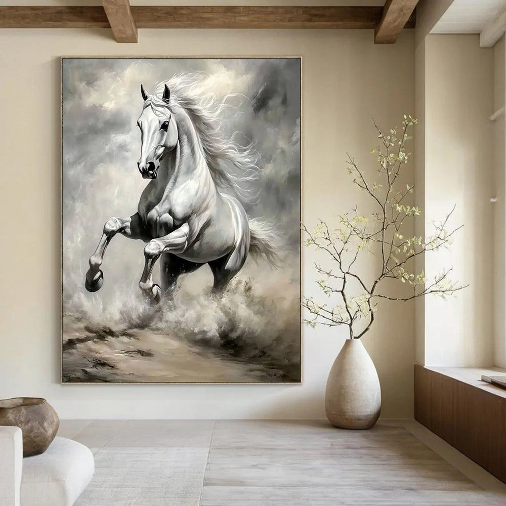 Contemporary hand-painted abstract art featuring a silver horse galloping across vast grassland with exquisite details and vibrant colors illuminated by sunlight. DLZ1660