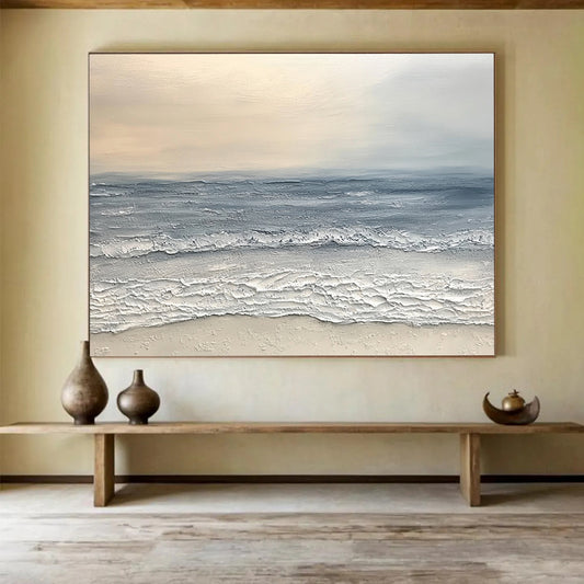 “Textured Seaside Calm” - Soft gray sea, beige sky, Textural Landscape Painting On Canvas HB0578