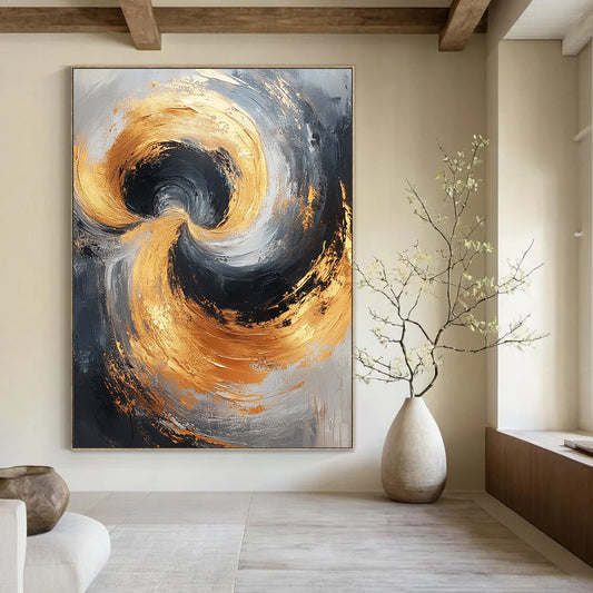 Contemporary abstract painting featuring gray and gold tones large brush strokes and balanced composition for a modern elegant ambiance. DLZ0708