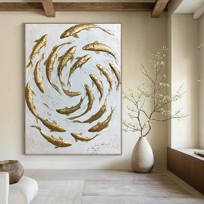 Contemporary hand-painted abstract art featuring swirling gold koi fish on a minimalist white canvas capturing dynamic movement and intricate details. DLZ1475