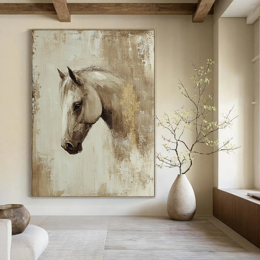 Contemporary abstract oil painting featuring a beige-toned Arabian horse profile with visible brush strokes and gold leaf detail, inspired by Richard Schmid. DLZ0895