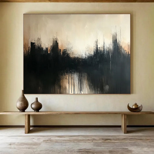 “Misty City Silhouette” - Black, Gray, Beige, Abstract Hazy Cityscape Painting On Canvas HB1077