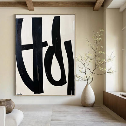 Contemporary abstract art featuring bold black and white letters forming "Horton" on a light cream background with minimalist design and clean geometric shapes. DLZ0749