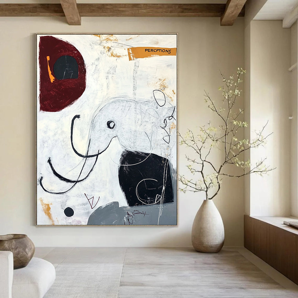 Contemporary hand-painted abstract art featuring an elephant in black lines and circles with a modern surrealistic style that evokes happiness. DLZ1071