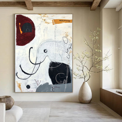 Contemporary hand-painted abstract art featuring an elephant in black lines and circles with a modern surrealistic style that evokes happiness. DLZ1071