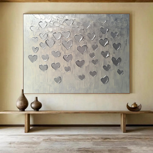 “Textured Silver Hearts” - Silver, Gray, Raised Heart Shapes - Textured Acrylic Painting HB1670