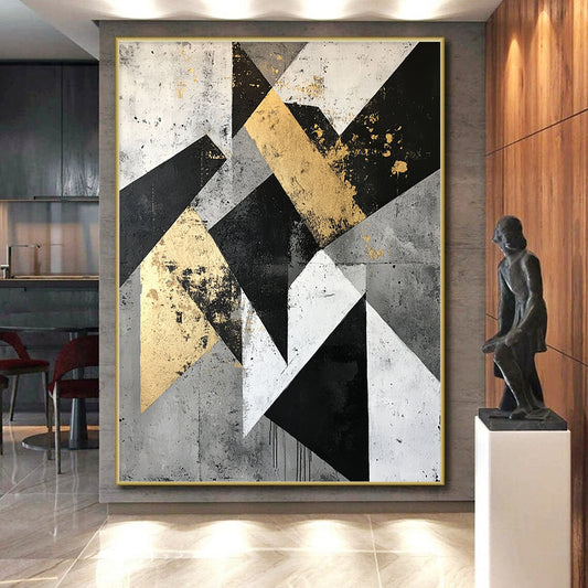 Gold, Black, Gray, White with Angular Shapes "Geometric Edge" Abstract Painting On Canvas HB006