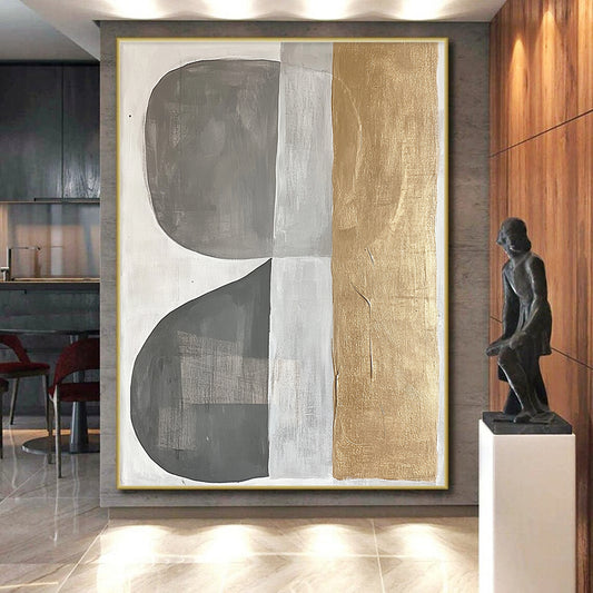 Gray, Silver, Gold and White Geometric Abstraction "Minimalist Geometry" Painting On Canvas HB396