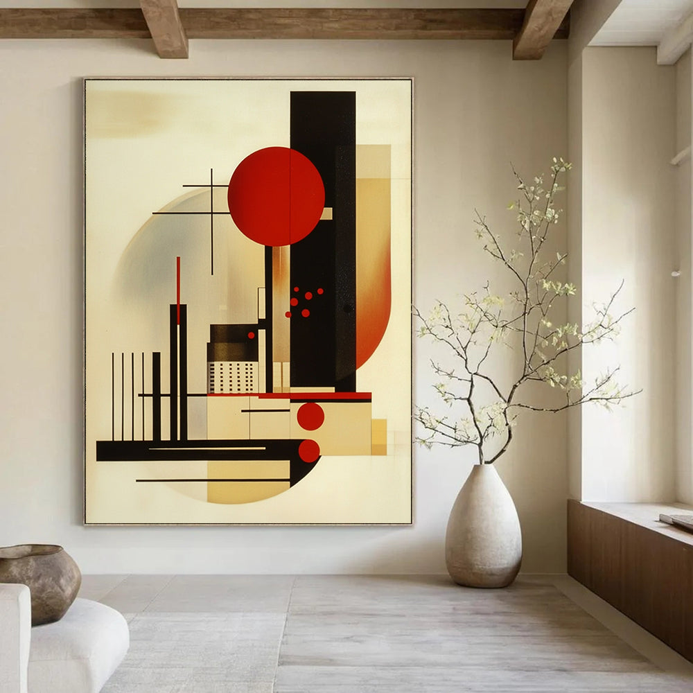 Contemporary hand-painted abstract art featuring geometric shapes primary colors black lines and red dots balanced composition with an abstract cityscape and figures. DLZ1419