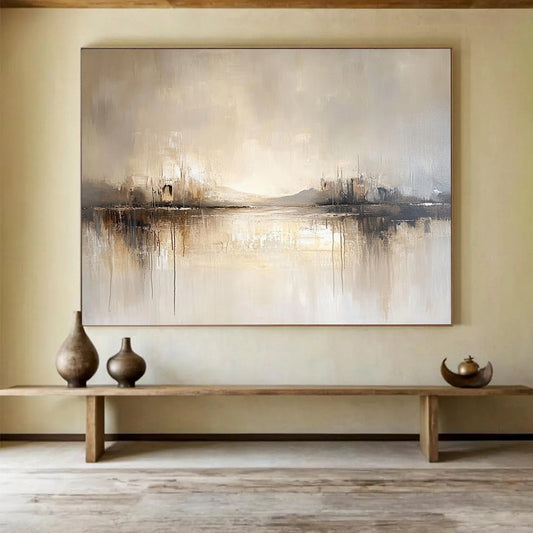 “Neutral Lake Reflection” - Beige, Gray, Subtle Peaks and Reflective Lake Painting On Canvas HB0931