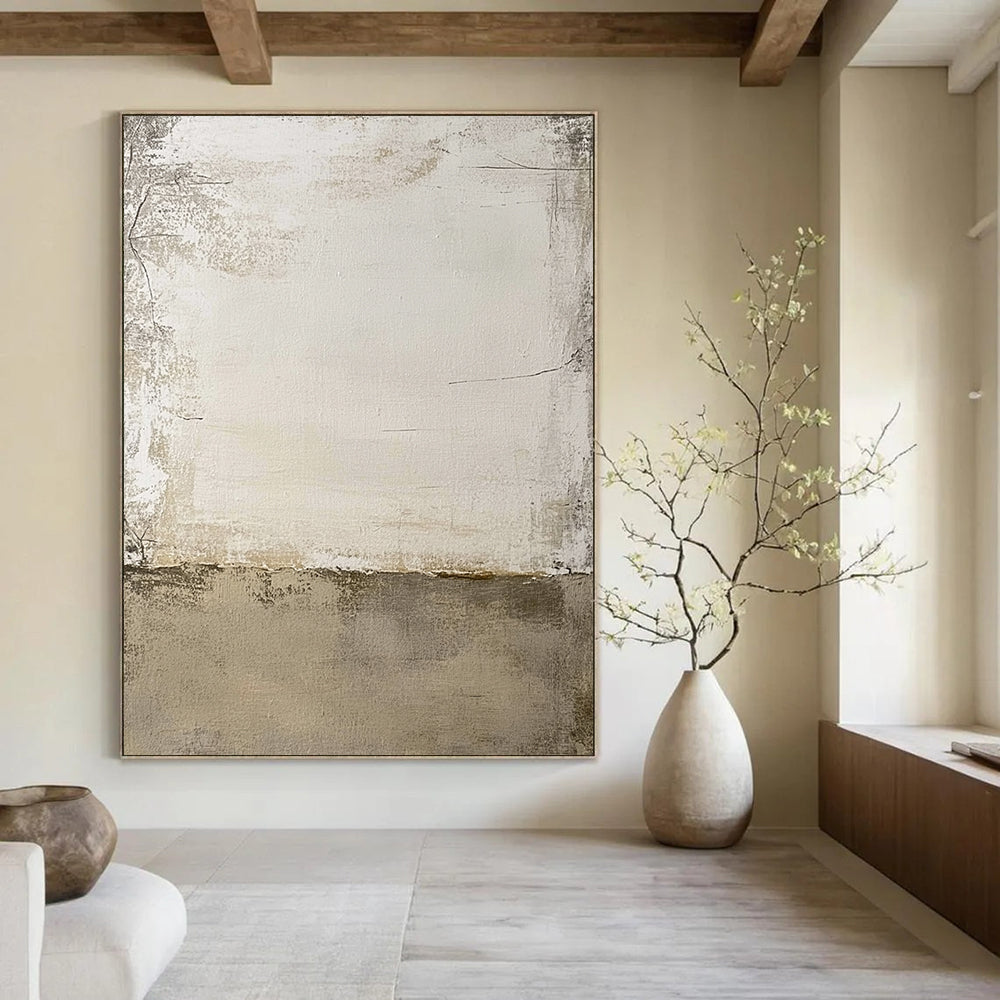 Contemporary hand-painted abstract art featuring textured beige and white tones with a rugged design and a central light gray area for versatility. DLZ1174