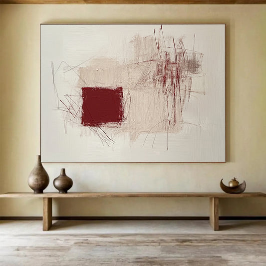 “Minimalist Maroon & Beige Abstraction” - Maroon, Beige, Abstract Shapes Painting On Canvas HB0767