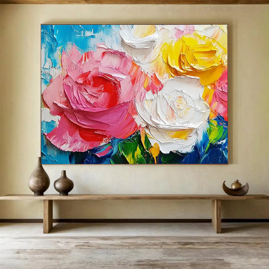 “Colorful Rose Impasto” - Pink, Yellow, White, Blue - 3D Rose Bouquet - Impasto Painting HB1302
