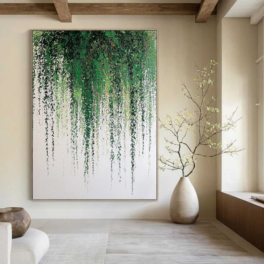Large contemporary hand-painted abstract artwork featuring a weeping willow with green leaves and soft textures against a white background. DLZ1707