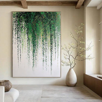Large contemporary hand-painted abstract artwork featuring a weeping willow with green leaves and soft textures against a white background. DLZ1707