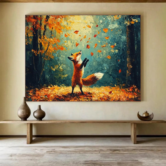 “Fox in Autumn Forest” - A fox playing with leaves in a colorful forest, Impressionist Animal Painting On Canvas HB0552