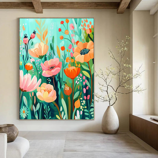 Bold contemporary abstract artwork featuring a whimsical floral garden in vibrant aquamarine and orange hues, ideal for brightening any space. DLZ1573