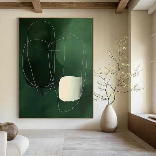 Large contemporary hand-painted abstract art featuring minimalist white lines and shapes on a dark green background with smooth organic curves. DLZ0754