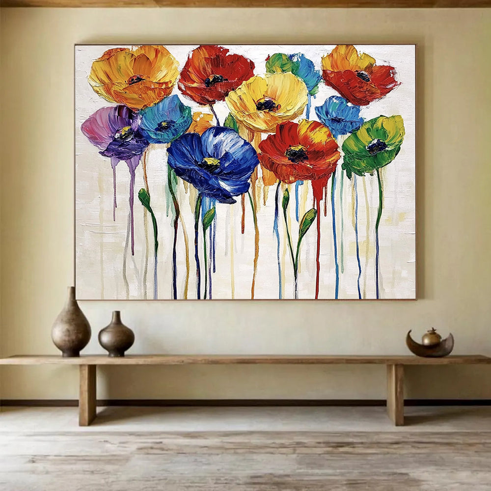 “Dripping Colorful Poppies” - Multicolor, Poppies, Dripping Paint Painting On Canvas HB0739