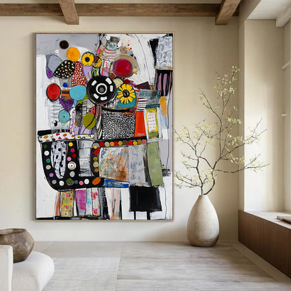 Contemporary abstract painting featuring collage-style car engine crafted from diverse materials in a vibrant palette of colors including black white red and blue. DLZ0953