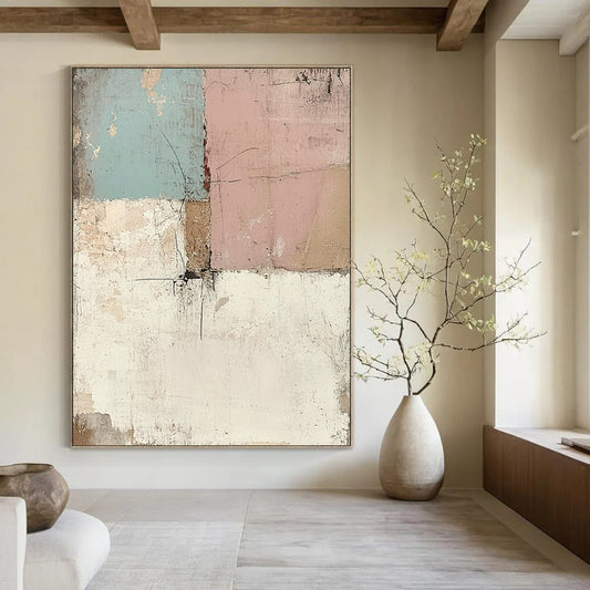 Contemporary hand-painted abstract art featuring a vintage wall effect with distressed pastel tones creating a unique textured visual experience. DLZ1501