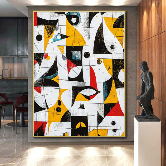 Black, White, Yellow, Red and Blue Geometric Mosaic "Colorful Labyrinth" Painting On Canvas HB325