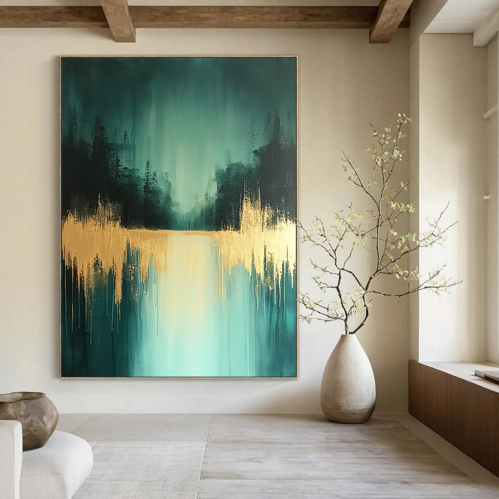 Contemporary abstract art features teal and gold shades with distant trees and a wet-on-water effect creating a serene low-contrast atmosphere. DLZ0771