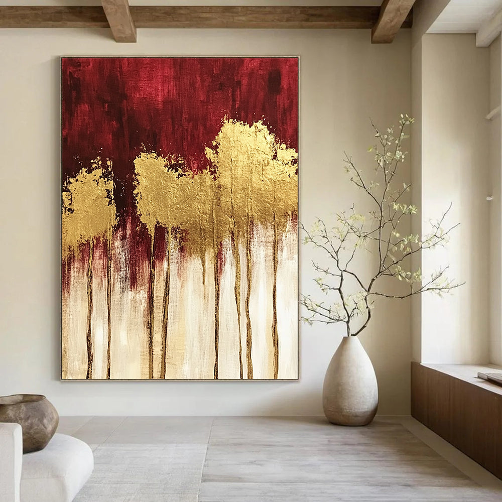 Contemporary hand-painted abstract art featuring textured red and gold trees with striking gold foil accents and a rich dark red and white palette. DLZ1445