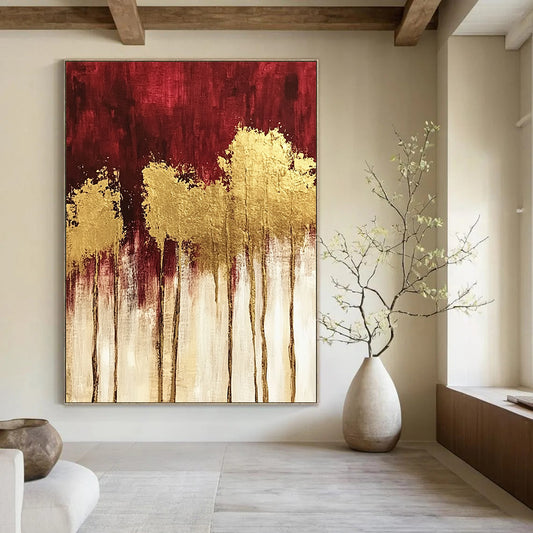 Contemporary hand-painted abstract art featuring textured red and gold trees with striking gold foil accents and a rich dark red and white palette. DLZ1445