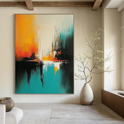 Impressionistic abstract painting featuring turquoise and black brush strokes with white space and vibrant orange and yellow hues creating a nature-inspired immersive experience. DLZ0541
