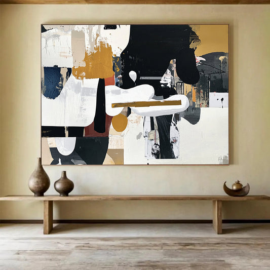 “Collage - like Abstract” - Black, White, Gold, Brown with Mixed Media - Abstract Mixed Media HB1360