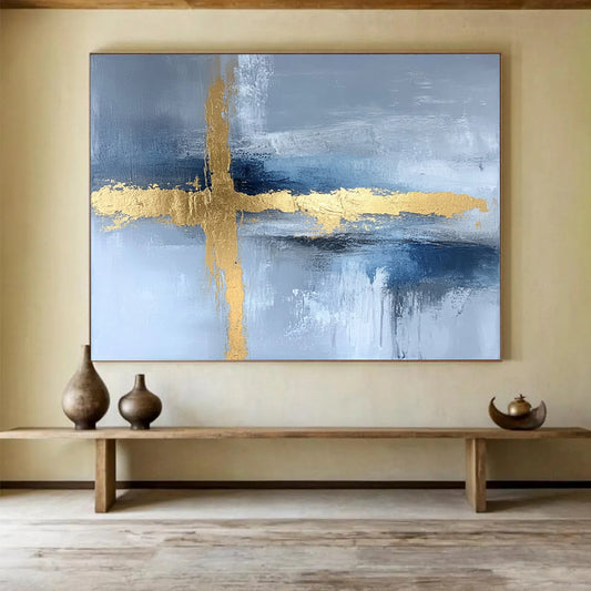 “Gold Cross on Blue - Gray Abstract” - Gold, Blue, Gray, Cross Shapes Painting On Canvas HB0816