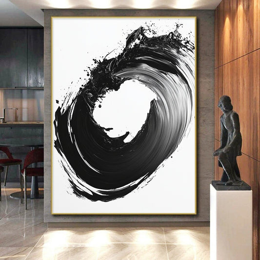 Black & White Circular Ink Brushstroke - “Infinite Ink Loop” Painting On Canvas HB230