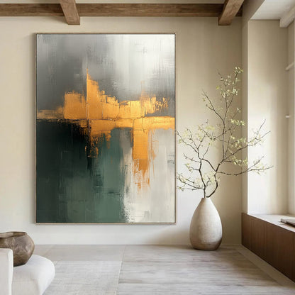 Contemporary hand-painted abstraction displaying beige sage green tones with elegant gold accents on canvas texture, perfect for modern decor. DLZ0943