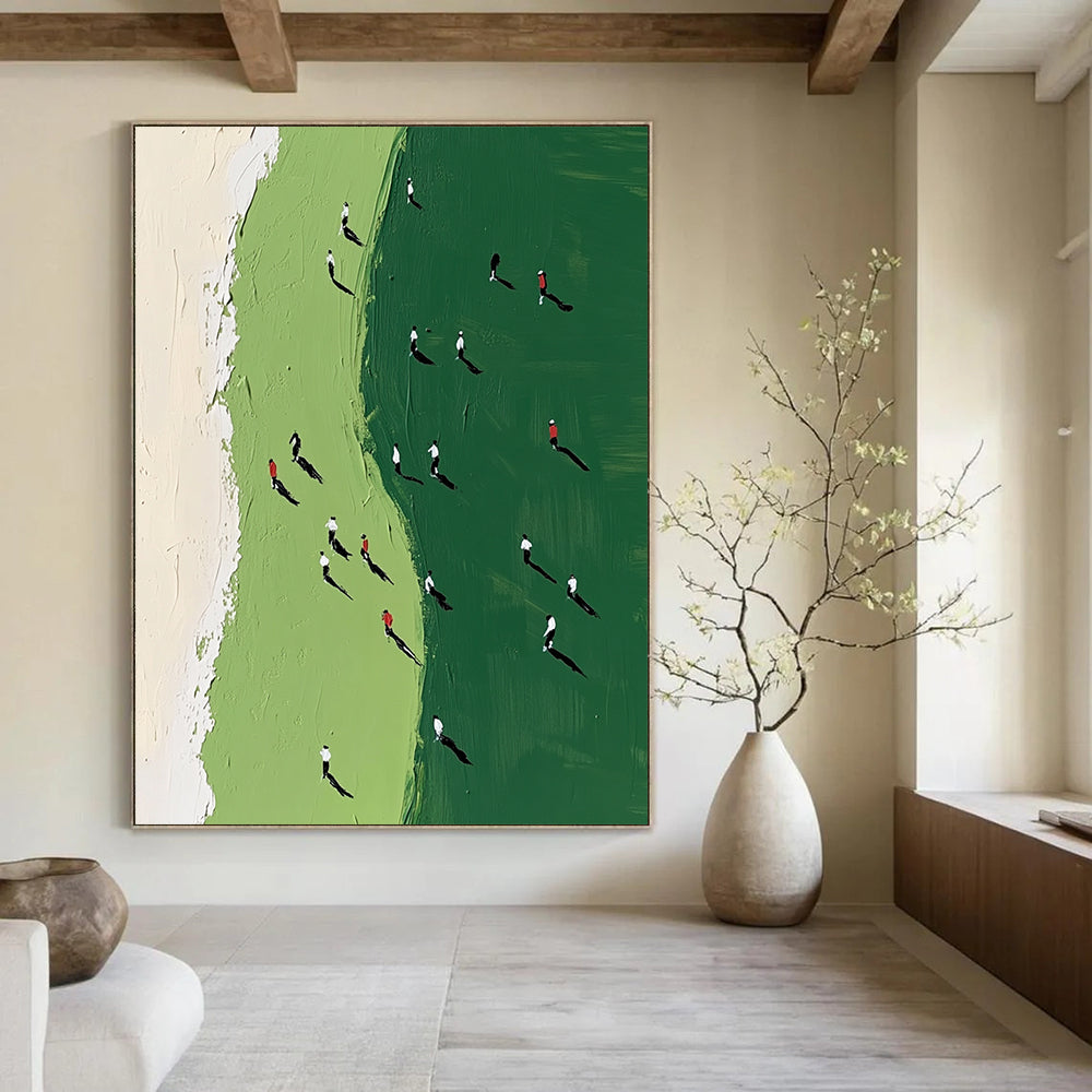 Vibrant contemporary abstract painting showcasing a green and white golf course with tiny figures in motion, perfect for modern art enthusiasts. DLZ0917