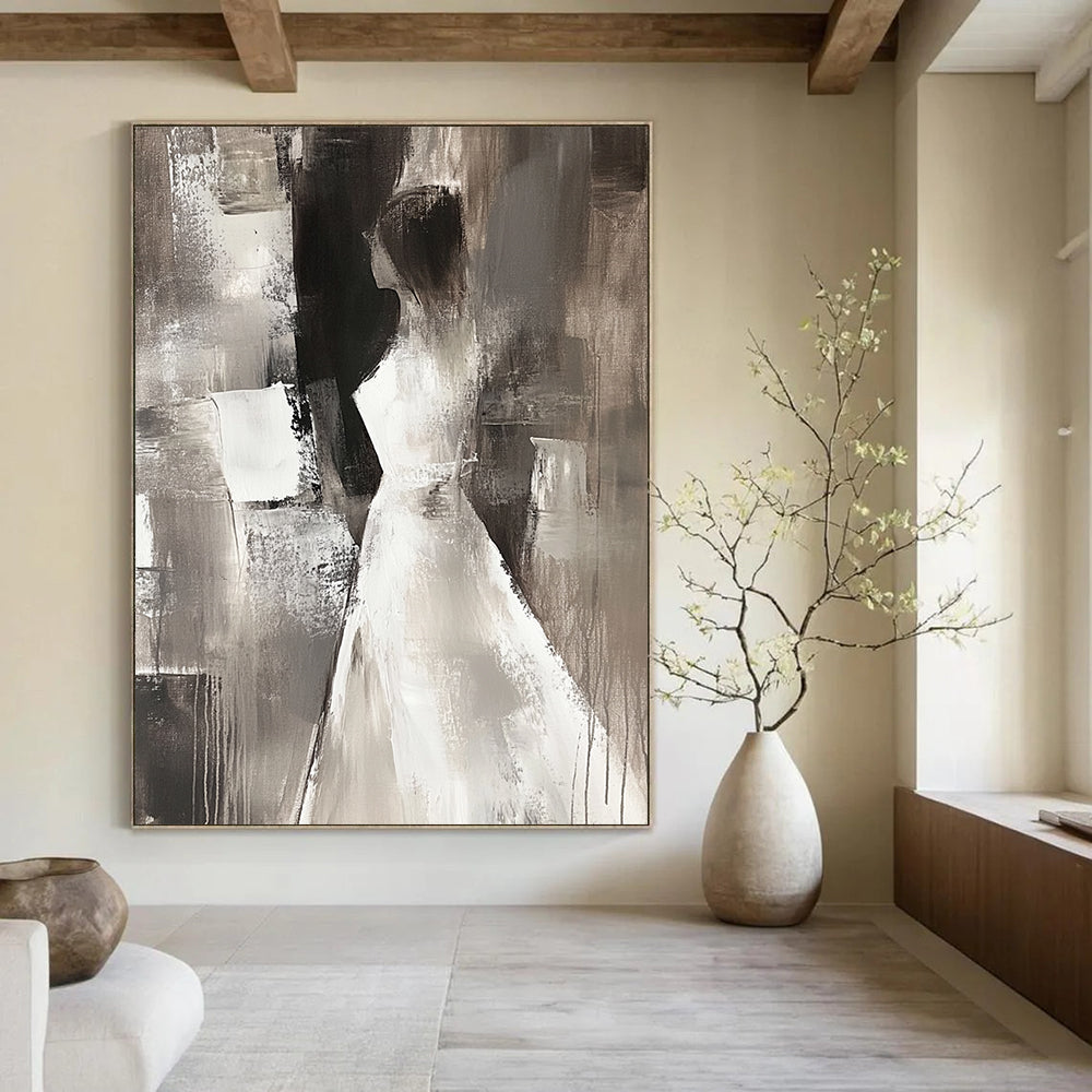 Contemporary abstract painting featuring a female figure in neutral tones, elegant brush strokes, and a mysterious atmosphere against a dark background. DLZ0668